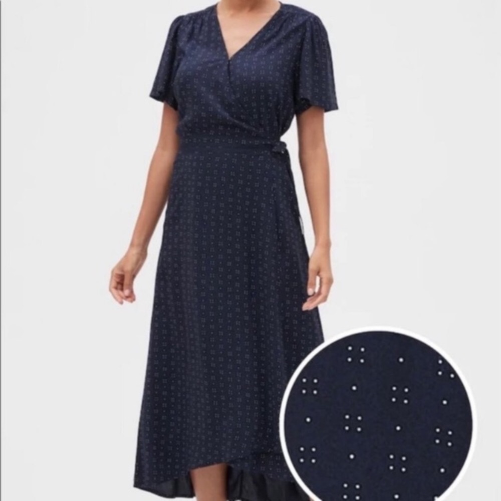 Gap navy blue short sleeve maxi wrap dress with tiny white polka dots, XL - Picture 11 of 11